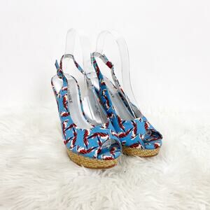2/$30 Audrey Brooke 7.5 Womens Blue Bird Print Weave Slingback Peep Toe Wedges